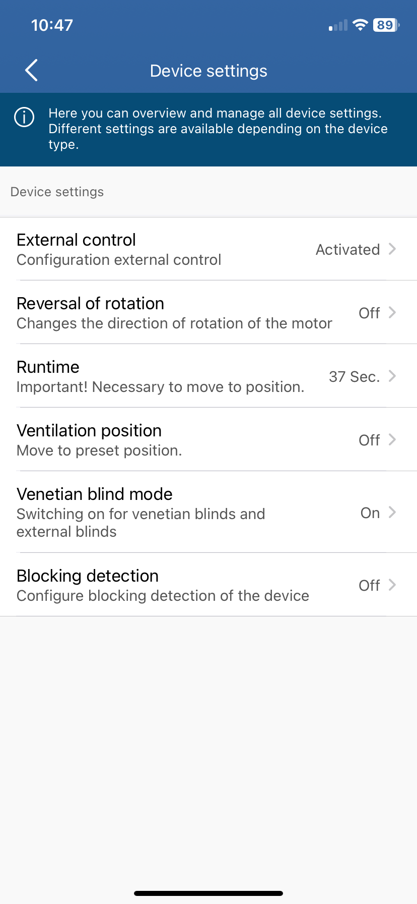 Device settings for sun shading via the SmartHome Box
